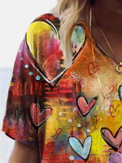 Casual Heart Print V-neck T-shirt - T-shirts - INS | Online Fashion Free Shipping Clothing, Dresses, Tops, Shoes - 08/06/2021 - Color_Blue - Color_Yellow