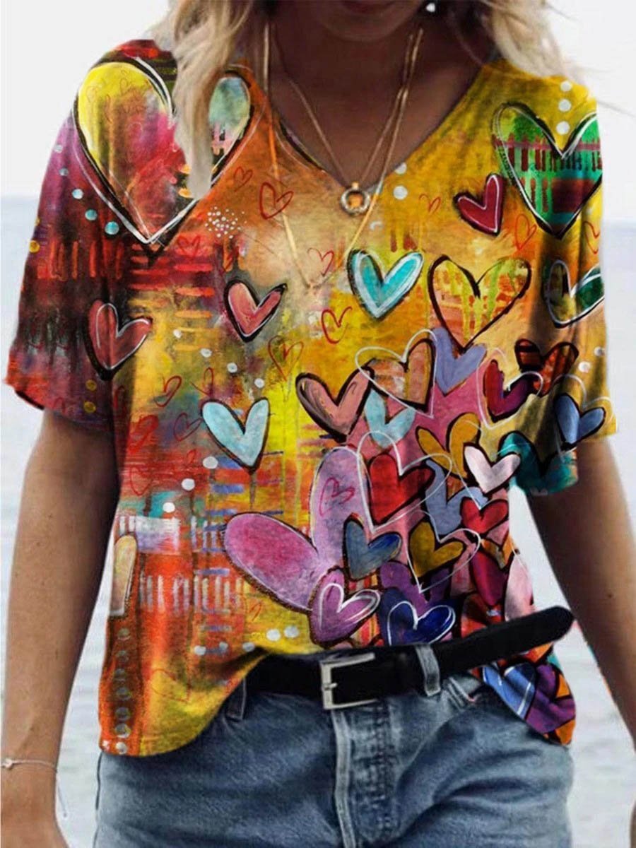 Casual Heart Print V-neck T-shirt - T-shirts - INS | Online Fashion Free Shipping Clothing, Dresses, Tops, Shoes - 08/06/2021 - Color_Blue - Color_Yellow