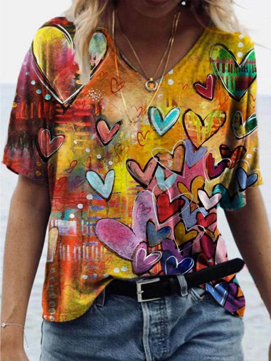 Casual Heart Print V-neck T-shirt - T-shirts - INS | Online Fashion Free Shipping Clothing, Dresses, Tops, Shoes - 08/06/2021 - Color_Blue - Color_Yellow
