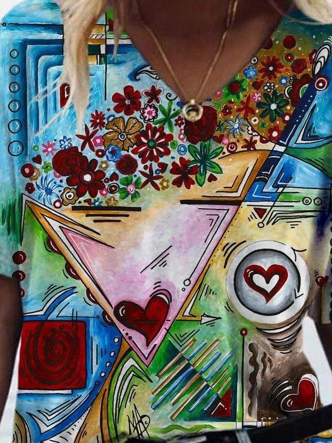 Casual Heart Print V-neck T-shirt - T-shirts - INS | Online Fashion Free Shipping Clothing, Dresses, Tops, Shoes - 08/06/2021 - Color_Blue - Color_Yellow