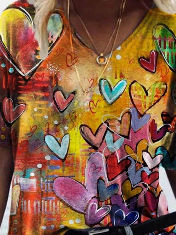 Casual Heart Print V-neck T-shirt - T-shirts - INS | Online Fashion Free Shipping Clothing, Dresses, Tops, Shoes - 08/06/2021 - Color_Blue - Color_Yellow