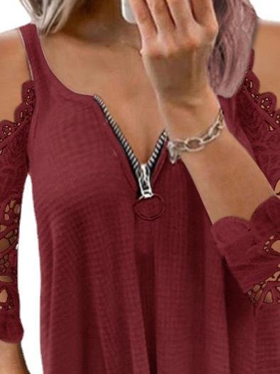 Casual Hollow Lace Sleeve Off-shoulder Sling Top - T-shirts - INS | Online Fashion Free Shipping Clothing, Dresses, Tops, Shoes - 31/05/2021 - Color_Black - Color_Red