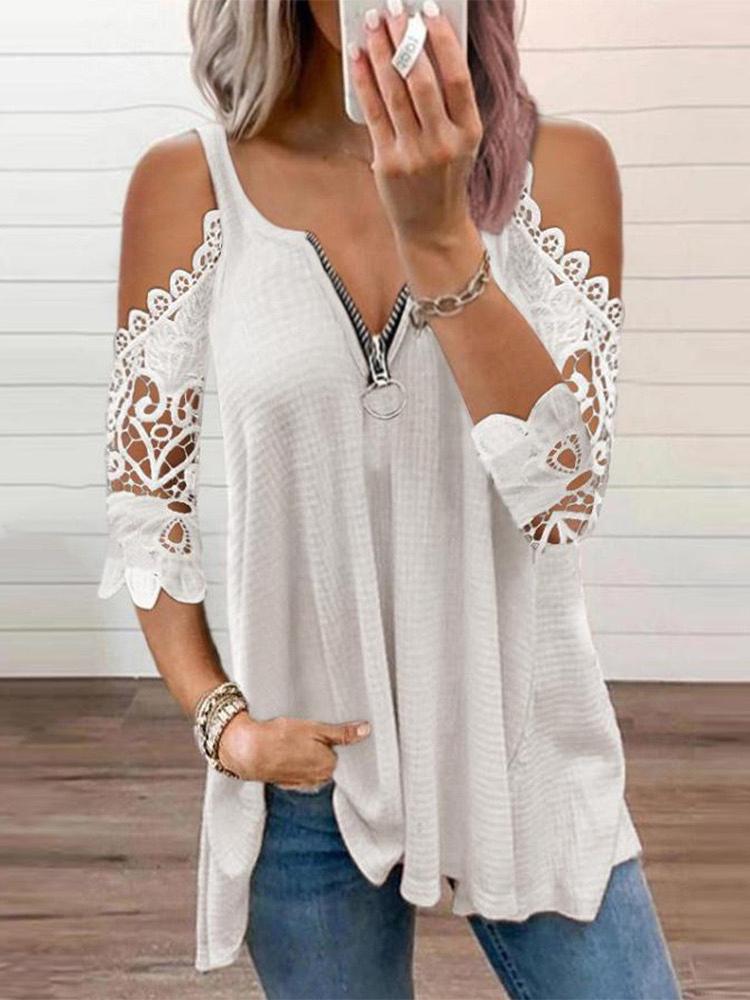 Casual Hollow Lace Sleeve Off-shoulder Sling Top - T-shirts - INS | Online Fashion Free Shipping Clothing, Dresses, Tops, Shoes - 31/05/2021 - Color_Black - Color_Red