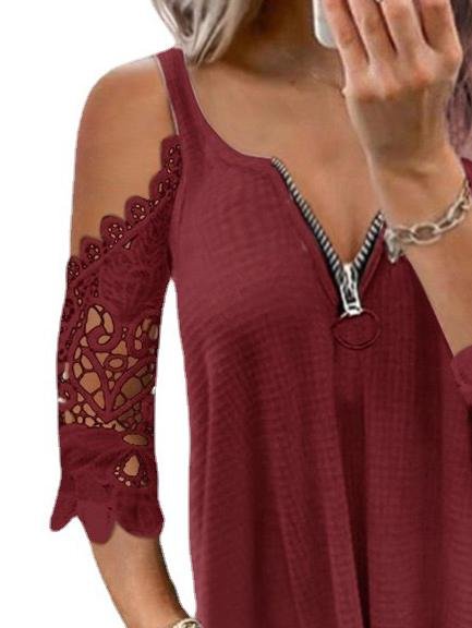 Casual Hollow Lace Sleeve Off-shoulder Sling Top - T-shirts - INS | Online Fashion Free Shipping Clothing, Dresses, Tops, Shoes - 31/05/2021 - Color_Black - Color_Red