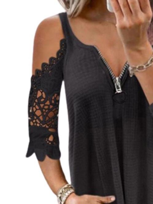 Casual Hollow Lace Sleeve Off-shoulder Sling Top - T-shirts - INS | Online Fashion Free Shipping Clothing, Dresses, Tops, Shoes - 31/05/2021 - Color_Black - Color_Red