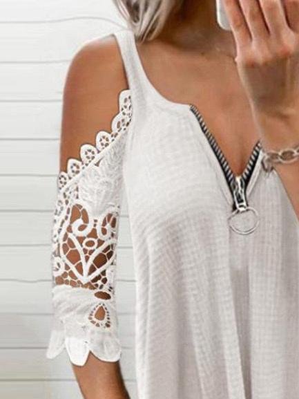 Casual Hollow Lace Sleeve Off-shoulder Sling Top - T-shirts - INS | Online Fashion Free Shipping Clothing, Dresses, Tops, Shoes - 31/05/2021 - Color_Black - Color_Red