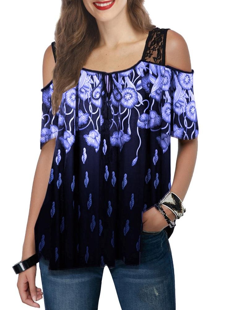 Casual Lace Sling Print Short-sleeved Top - T-shirts - INS | Online Fashion Free Shipping Clothing, Dresses, Tops, Shoes - 03/06/2021 - Color_Black - Color_Blue