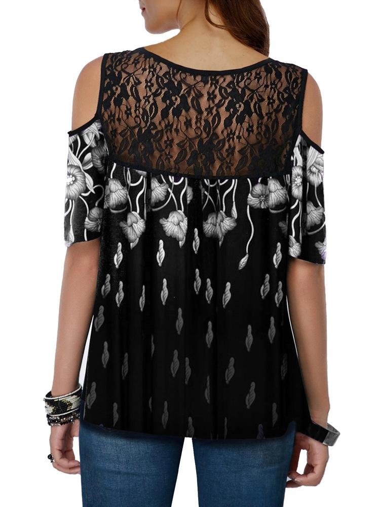 Casual Lace Sling Print Short-sleeved Top - T-shirts - INS | Online Fashion Free Shipping Clothing, Dresses, Tops, Shoes - 03/06/2021 - Color_Black - Color_Blue