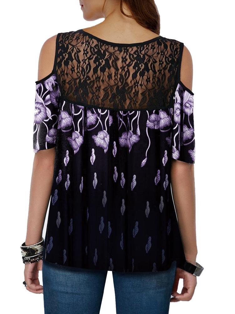 Casual Lace Sling Print Short-sleeved Top - T-shirts - INS | Online Fashion Free Shipping Clothing, Dresses, Tops, Shoes - 03/06/2021 - Color_Black - Color_Blue