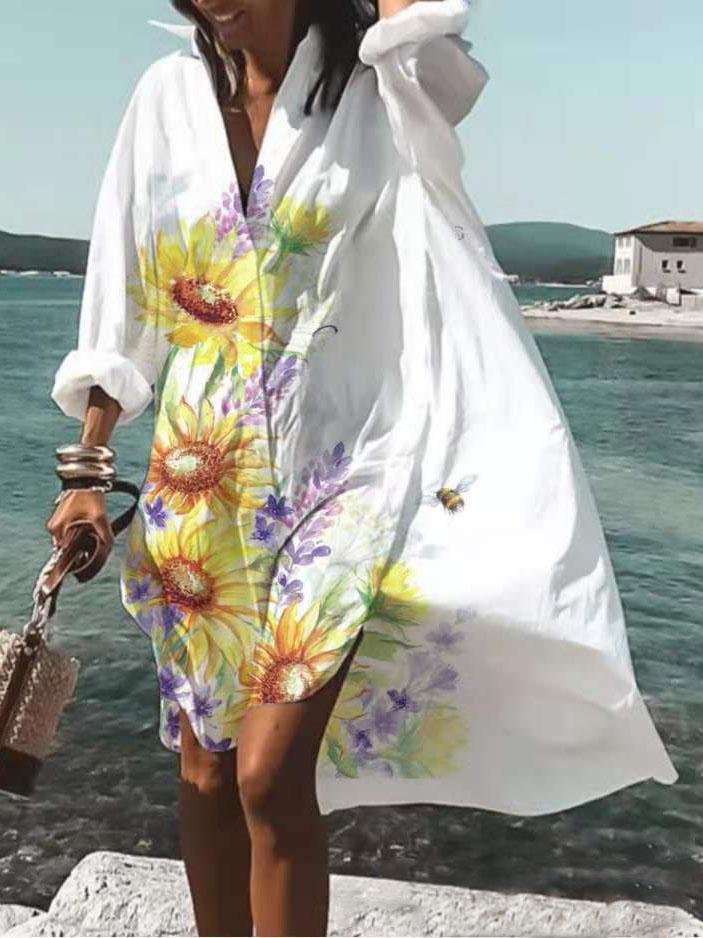 Casual Lapel Long-sleeved Floral Print Shirt Dress - Mini Dresses - INS | Online Fashion Free Shipping Clothing, Dresses, Tops, Shoes - 16/07/2021 - 20-30 - color-green