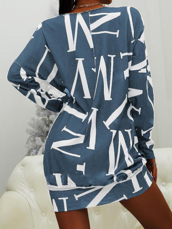 Casual Long Sleeve Letter Print Round Neck Dress - Mini Dresses - INS | Online Fashion Free Shipping Clothing, Dresses, Tops, Shoes - 03/06/2021 - Color_Black - Color_Blue