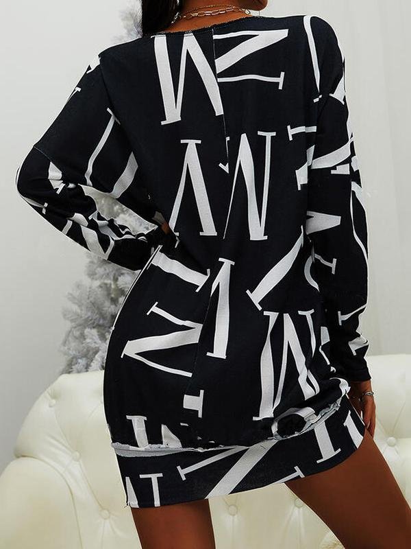 Casual Long Sleeve Letter Print Round Neck Dress - Mini Dresses - INS | Online Fashion Free Shipping Clothing, Dresses, Tops, Shoes - 03/06/2021 - Color_Black - Color_Blue