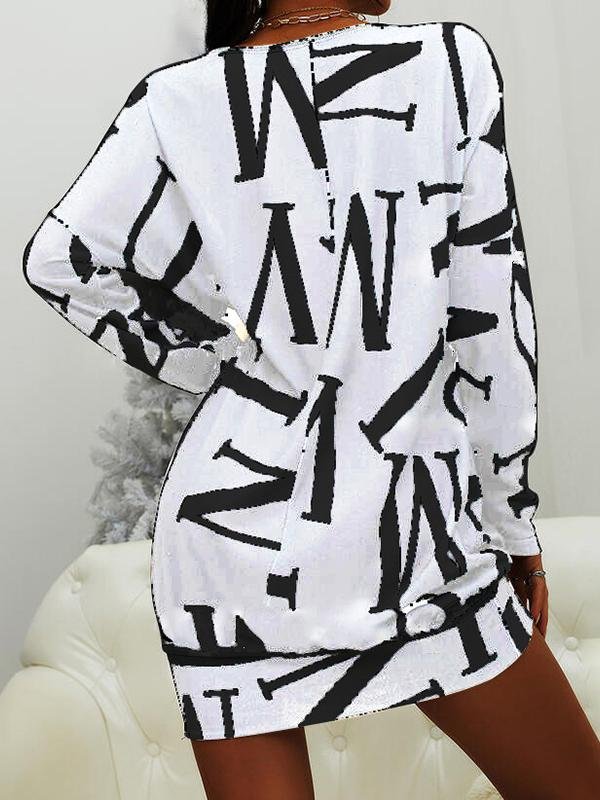 Casual Long Sleeve Letter Print Round Neck Dress - Mini Dresses - INS | Online Fashion Free Shipping Clothing, Dresses, Tops, Shoes - 03/06/2021 - Color_Black - Color_Blue