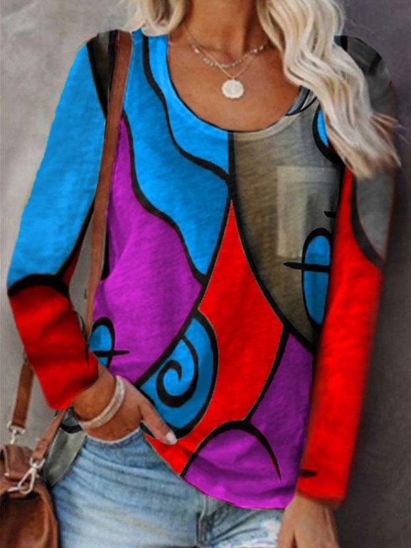 Casual Long-sleeved Colorblock T-shirt - T-shirts - INS | Online Fashion Free Shipping Clothing, Dresses, Tops, Shoes - 10-20 - 17/07/2021 - color-blue