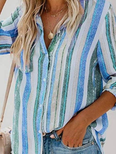 Casual Long-sleeved Striped Shirt - Blouses - INS | Online Fashion Free Shipping Clothing, Dresses, Tops, Shoes - 08/06/2021 - BLO2106080048 - Blouses