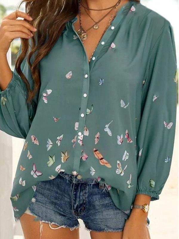 Casual Loose Butterfly Print Long-sleeved Shirt - Shirts - INS | Online Fashion Free Shipping Clothing, Dresses, Tops, Shoes - 02/04/2021 - 2XL - 3XL