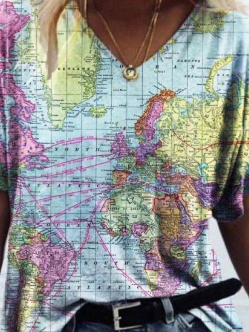 Casual Map Print V-neck Short-sleeved T-shirt - T-shirts - INS | Online Fashion Free Shipping Clothing, Dresses, Tops, Shoes - 05/06/2021 - Color_Blue - Color_Green