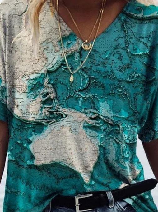 Casual Map Print V-neck Short-sleeved T-shirt - T-shirts - INS | Online Fashion Free Shipping Clothing, Dresses, Tops, Shoes - 05/06/2021 - Color_Blue - Color_Green