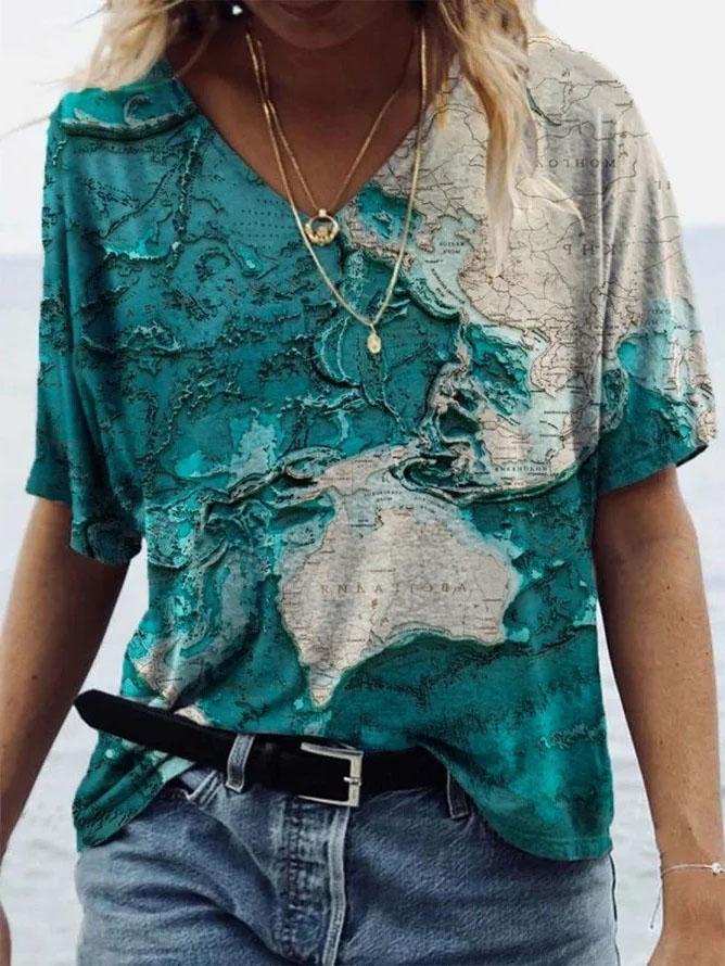 Casual Map Print V-neck Short-sleeved T-shirt - T-shirts - INS | Online Fashion Free Shipping Clothing, Dresses, Tops, Shoes - 05/06/2021 - Color_Blue - Color_Green