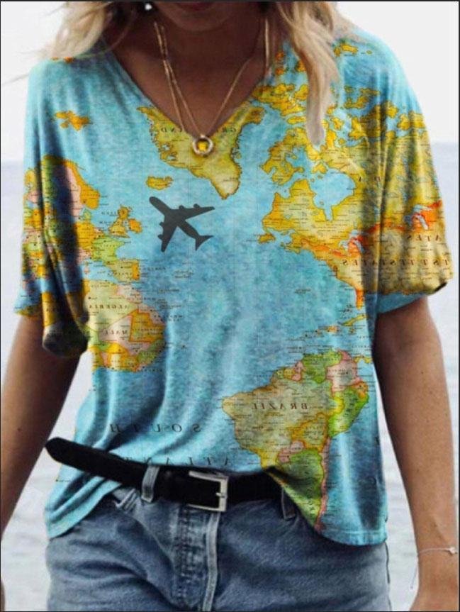 Casual Map Print V-neck Short-sleeved T-shirt - T-shirts - INS | Online Fashion Free Shipping Clothing, Dresses, Tops, Shoes - 05/06/2021 - Color_Blue - Color_Green