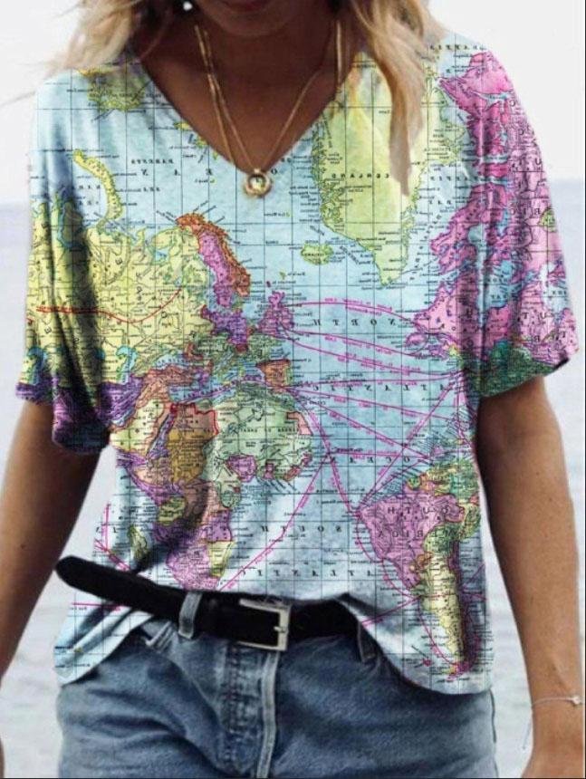 Casual Map Print V-neck Short-sleeved T-shirt - T-shirts - INS | Online Fashion Free Shipping Clothing, Dresses, Tops, Shoes - 05/06/2021 - Color_Blue - Color_Green