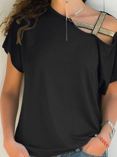 Casual Oblique Shoulder Cross Irregular Short Sleeve T-shirt - T-Shirts - INS | Online Fashion Free Shipping Clothing, Dresses, Tops, Shoes - 08/06/2021 - Category_T-Shirts - Color_Black