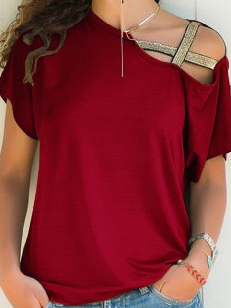 Casual Oblique Shoulder Cross Irregular Short Sleeve T-shirt - T-Shirts - INS | Online Fashion Free Shipping Clothing, Dresses, Tops, Shoes - 08/06/2021 - Category_T-Shirts - Color_Black