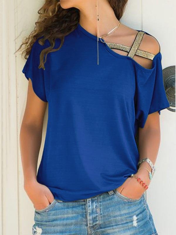 Casual Oblique Shoulder Cross Irregular Short Sleeve T-shirt - T-Shirts - INS | Online Fashion Free Shipping Clothing, Dresses, Tops, Shoes - 08/06/2021 - Category_T-Shirts - Color_Black