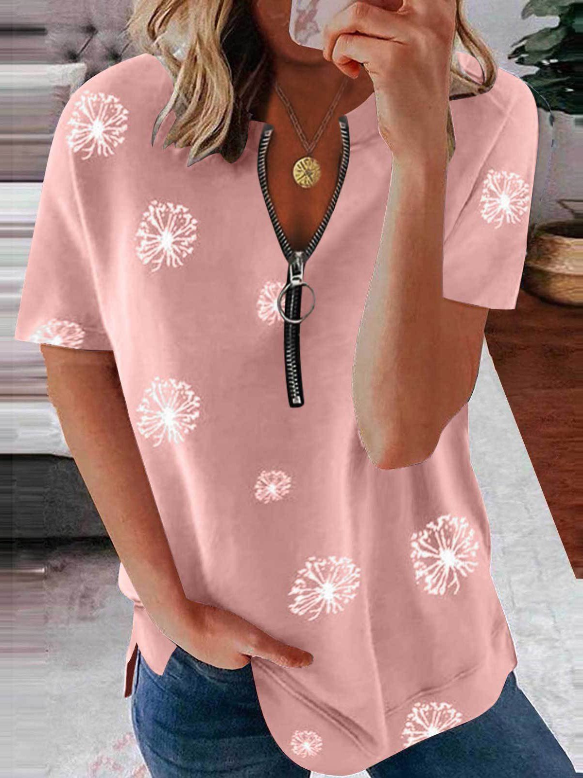 Casual Petal Print Zipper Short-sleeved Top - T-Shirts - INS | Online Fashion Free Shipping Clothing, Dresses, Tops, Shoes - 31/05/2021 - Color_Black - Color_Gray