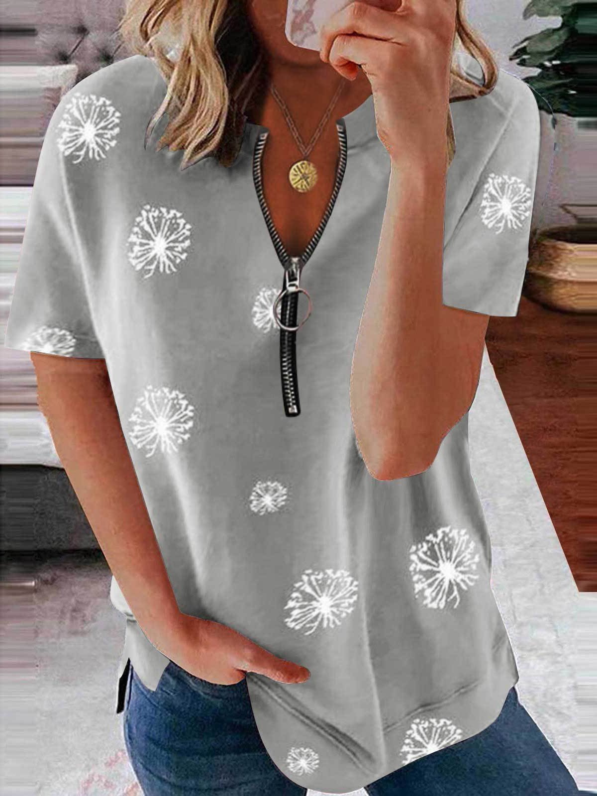 Casual Petal Print Zipper Short-sleeved Top - T-Shirts - INS | Online Fashion Free Shipping Clothing, Dresses, Tops, Shoes - 31/05/2021 - Color_Black - Color_Gray