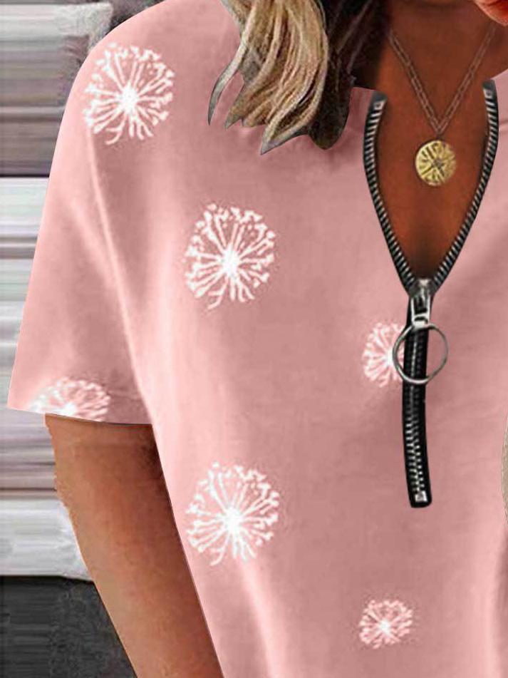 Casual Petal Print Zipper Short-sleeved Top - T-Shirts - INS | Online Fashion Free Shipping Clothing, Dresses, Tops, Shoes - 31/05/2021 - Color_Black - Color_Gray