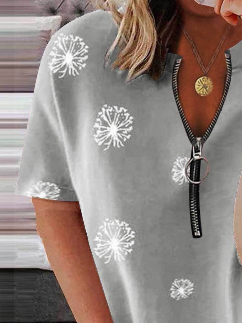 Casual Petal Print Zipper Short-sleeved Top - T-Shirts - INS | Online Fashion Free Shipping Clothing, Dresses, Tops, Shoes - 31/05/2021 - Color_Black - Color_Gray