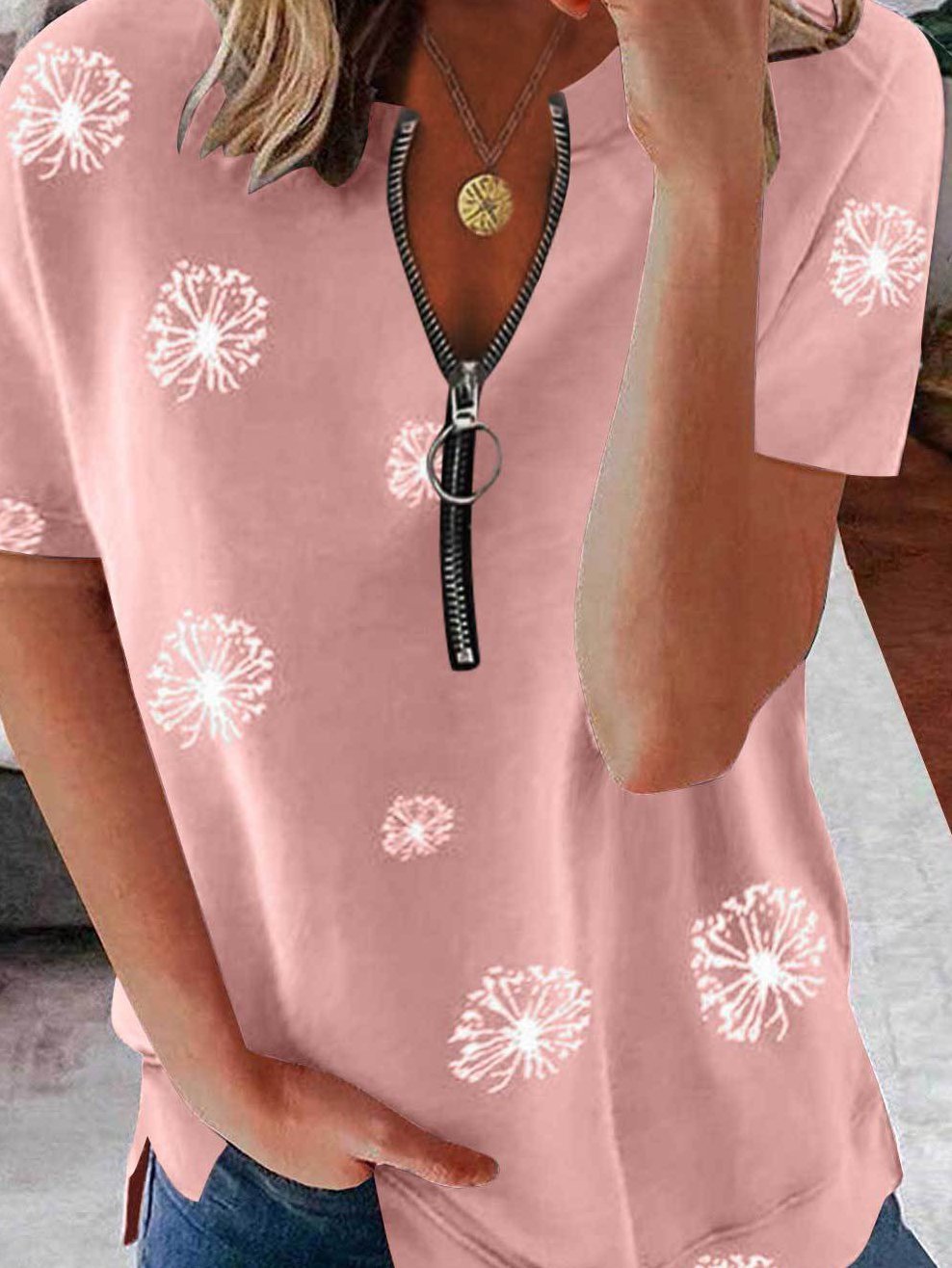 Casual Petal Print Zipper Short-sleeved Top - T-Shirts - INS | Online Fashion Free Shipping Clothing, Dresses, Tops, Shoes - 31/05/2021 - Color_Black - Color_Gray