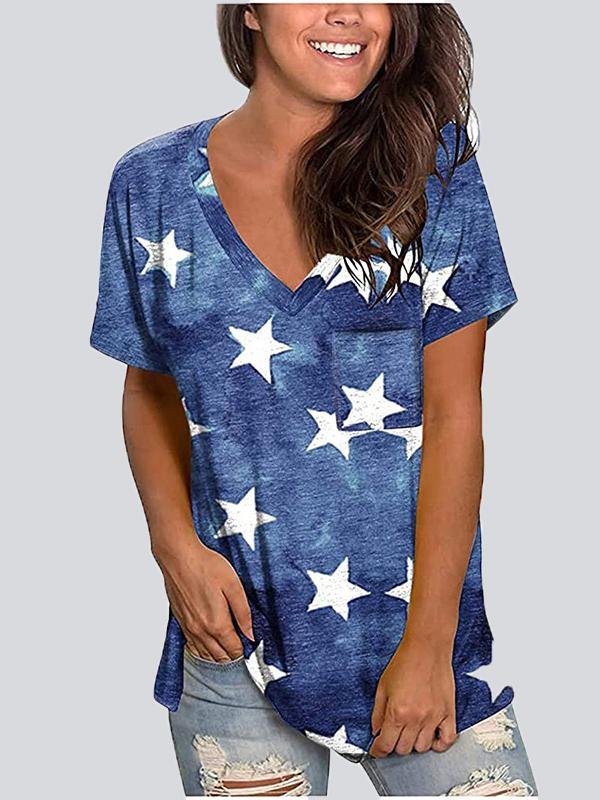 Casual Print V Neck Short Sleeve T-shirt - T-shirts - INS | Online Fashion Free Shipping Clothing, Dresses, Tops, Shoes - 22/05/2021 - Color_Black - Color_Blue