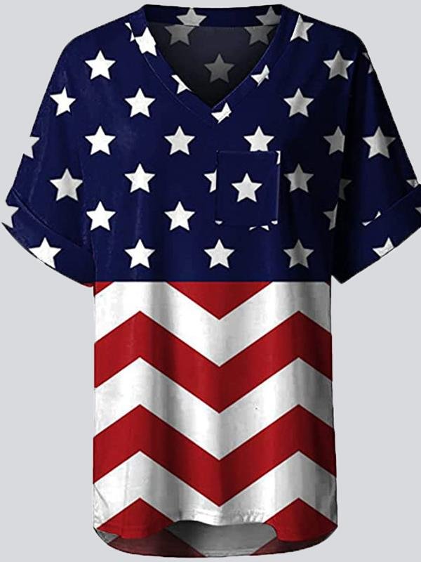 Casual Print V Neck Short Sleeve T-shirt - T-shirts - INS | Online Fashion Free Shipping Clothing, Dresses, Tops, Shoes - 22/05/2021 - Color_Black - Color_Blue