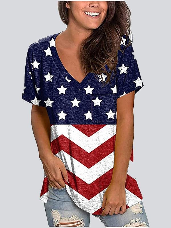 Casual Print V Neck Short Sleeve T-shirt - T-shirts - INS | Online Fashion Free Shipping Clothing, Dresses, Tops, Shoes - 22/05/2021 - Color_Black - Color_Blue