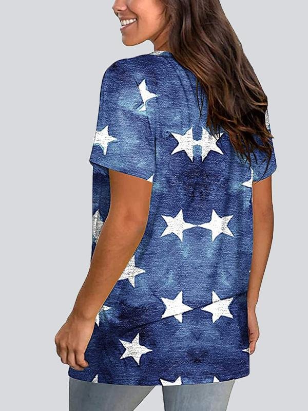 Casual Print V Neck Short Sleeve T-shirt - T-shirts - INS | Online Fashion Free Shipping Clothing, Dresses, Tops, Shoes - 22/05/2021 - Color_Black - Color_Blue