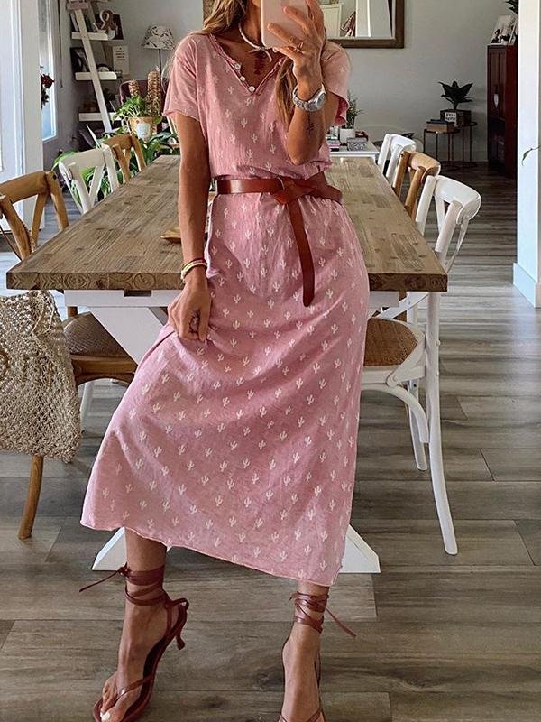 Casual Printed V-neck Dress With Belt - Midi Dresses - INS | Online Fashion Free Shipping Clothing, Dresses, Tops, Shoes - 05/07/2021 - 20-30 - color-pink