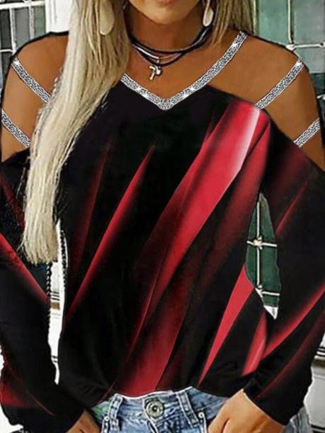 Casual Printed V-neck Long Sleeve T-shirt - T-shirts - INS | Online Fashion Free Shipping Clothing, Dresses, Tops, Shoes - 11/06/2021 - Color_Black - Color_Blue