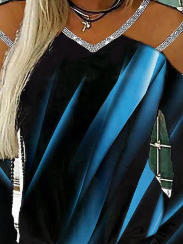 Casual Printed V-neck Long Sleeve T-shirt - T-shirts - INS | Online Fashion Free Shipping Clothing, Dresses, Tops, Shoes - 11/06/2021 - Color_Black - Color_Blue