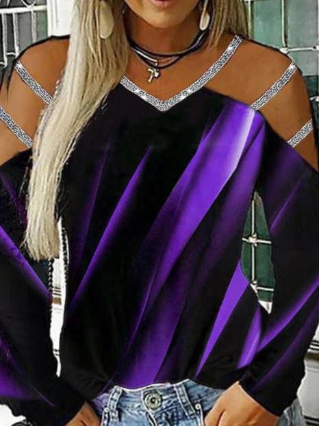 Casual Printed V-neck Long Sleeve T-shirt - T-shirts - INS | Online Fashion Free Shipping Clothing, Dresses, Tops, Shoes - 11/06/2021 - Color_Black - Color_Blue