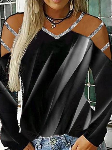 Casual Printed V-neck Long Sleeve T-shirt - T-shirts - INS | Online Fashion Free Shipping Clothing, Dresses, Tops, Shoes - 11/06/2021 - Color_Black - Color_Blue