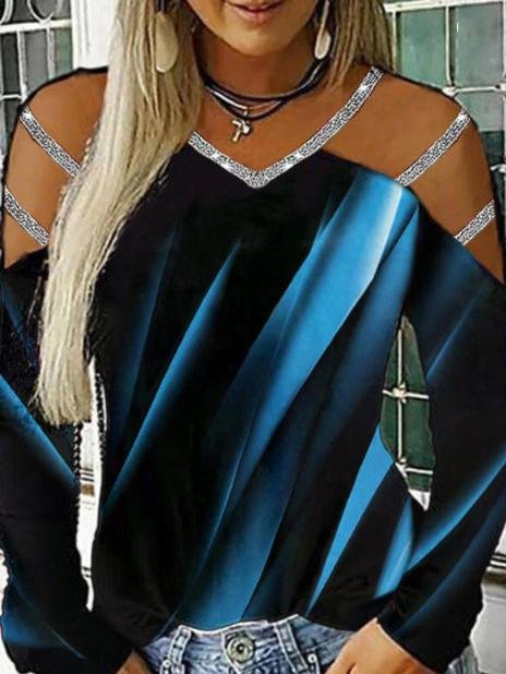 Casual Printed V-neck Long Sleeve T-shirt - T-shirts - INS | Online Fashion Free Shipping Clothing, Dresses, Tops, Shoes - 11/06/2021 - Color_Black - Color_Blue