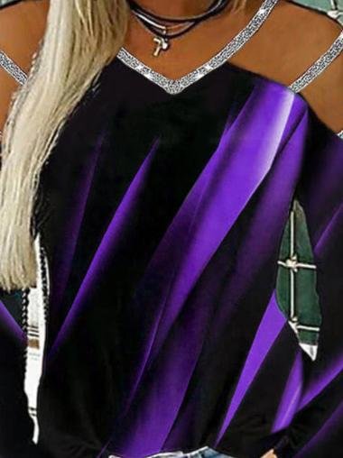 Casual Printed V-neck Long Sleeve T-shirt - T-shirts - INS | Online Fashion Free Shipping Clothing, Dresses, Tops, Shoes - 11/06/2021 - Color_Black - Color_Blue