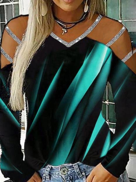 Casual Printed V-neck Long Sleeve T-shirt - T-shirts - INS | Online Fashion Free Shipping Clothing, Dresses, Tops, Shoes - 11/06/2021 - Color_Black - Color_Blue