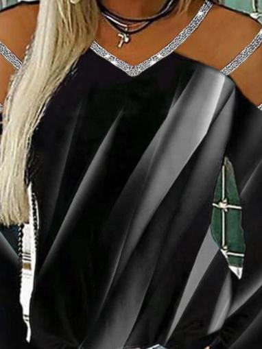 Casual Printed V-neck Long Sleeve T-shirt - T-shirts - INS | Online Fashion Free Shipping Clothing, Dresses, Tops, Shoes - 11/06/2021 - Color_Black - Color_Blue