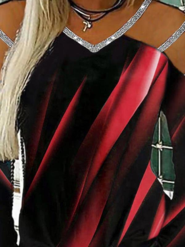 Casual Printed V-neck Long Sleeve T-shirt - T-shirts - INS | Online Fashion Free Shipping Clothing, Dresses, Tops, Shoes - 11/06/2021 - Color_Black - Color_Blue