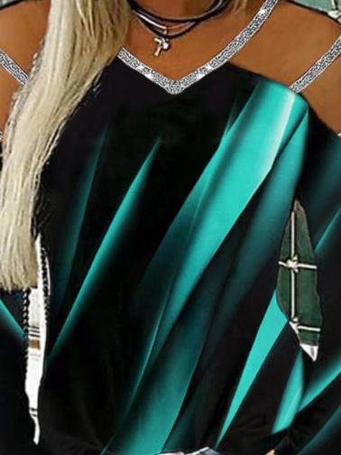 Casual Printed V-neck Long Sleeve T-shirt - T-shirts - INS | Online Fashion Free Shipping Clothing, Dresses, Tops, Shoes - 11/06/2021 - Color_Black - Color_Blue