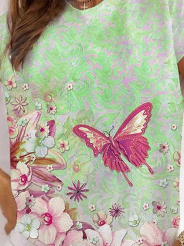 Casual Round Neck Butterfly Print Short-sleeved T-shirt - T-shirts - INS | Online Fashion Free Shipping Clothing, Dresses, Tops, Shoes - 07/06/2021 - Color_Blue - Color_Green