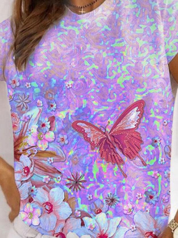 Casual Round Neck Butterfly Print Short-sleeved T-shirt - T-shirts - INS | Online Fashion Free Shipping Clothing, Dresses, Tops, Shoes - 07/06/2021 - Color_Blue - Color_Green
